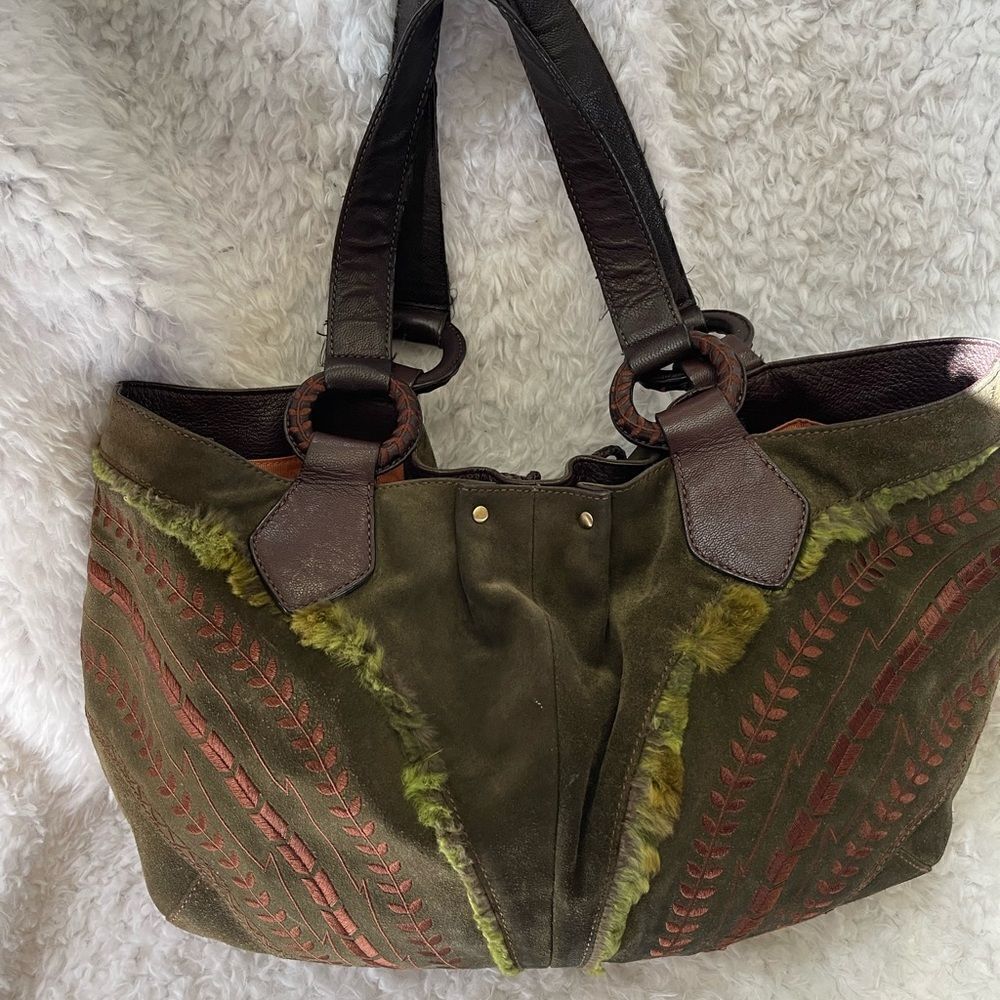 Maxx New York Hobo satchel leather suede olive green brown strap & embro… - Picture 3 of 15
